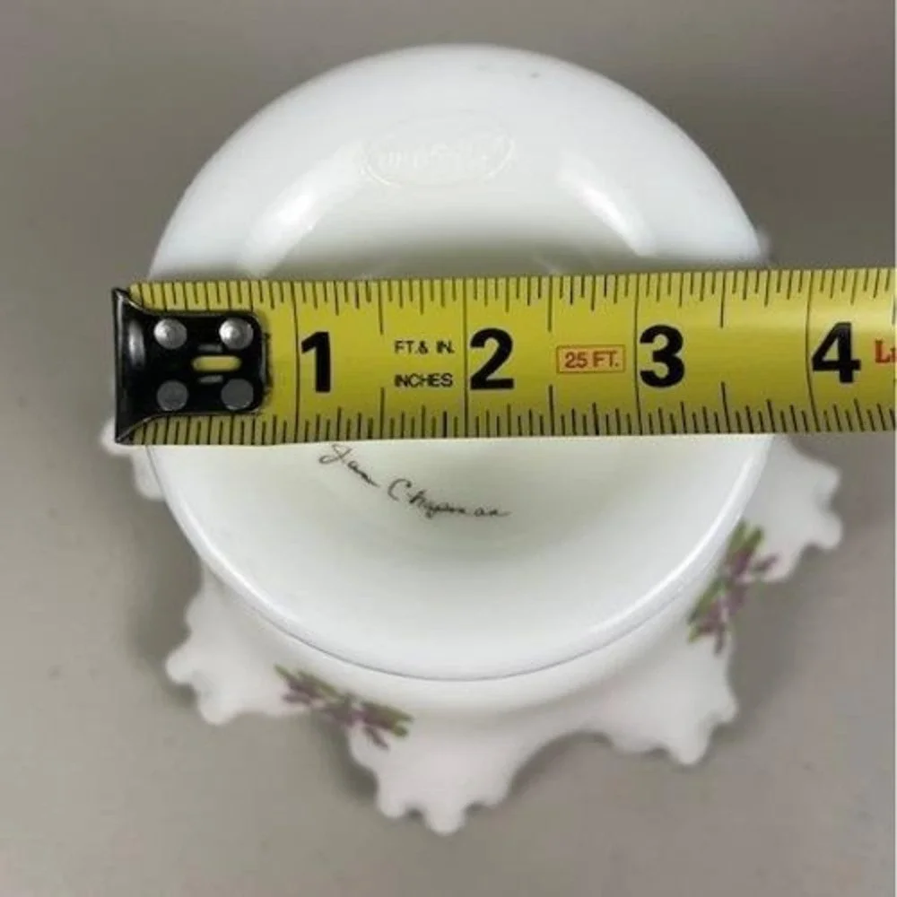 Fenton Milk Glass Violets in the Snow Ruffled Silver Crest Pedestal Compote Bowl